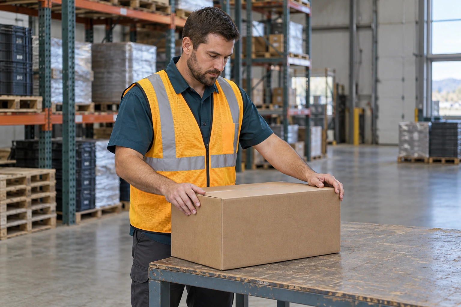 Warehouse worker checking a plain closed carton with both hands visible